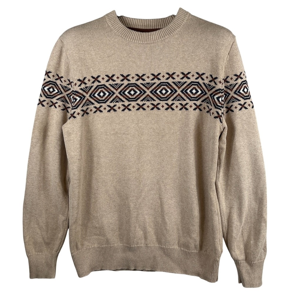 Mens L Beige Southwestern Fair Isle 100% Cotton Knit Sweater Pullover Grandpa